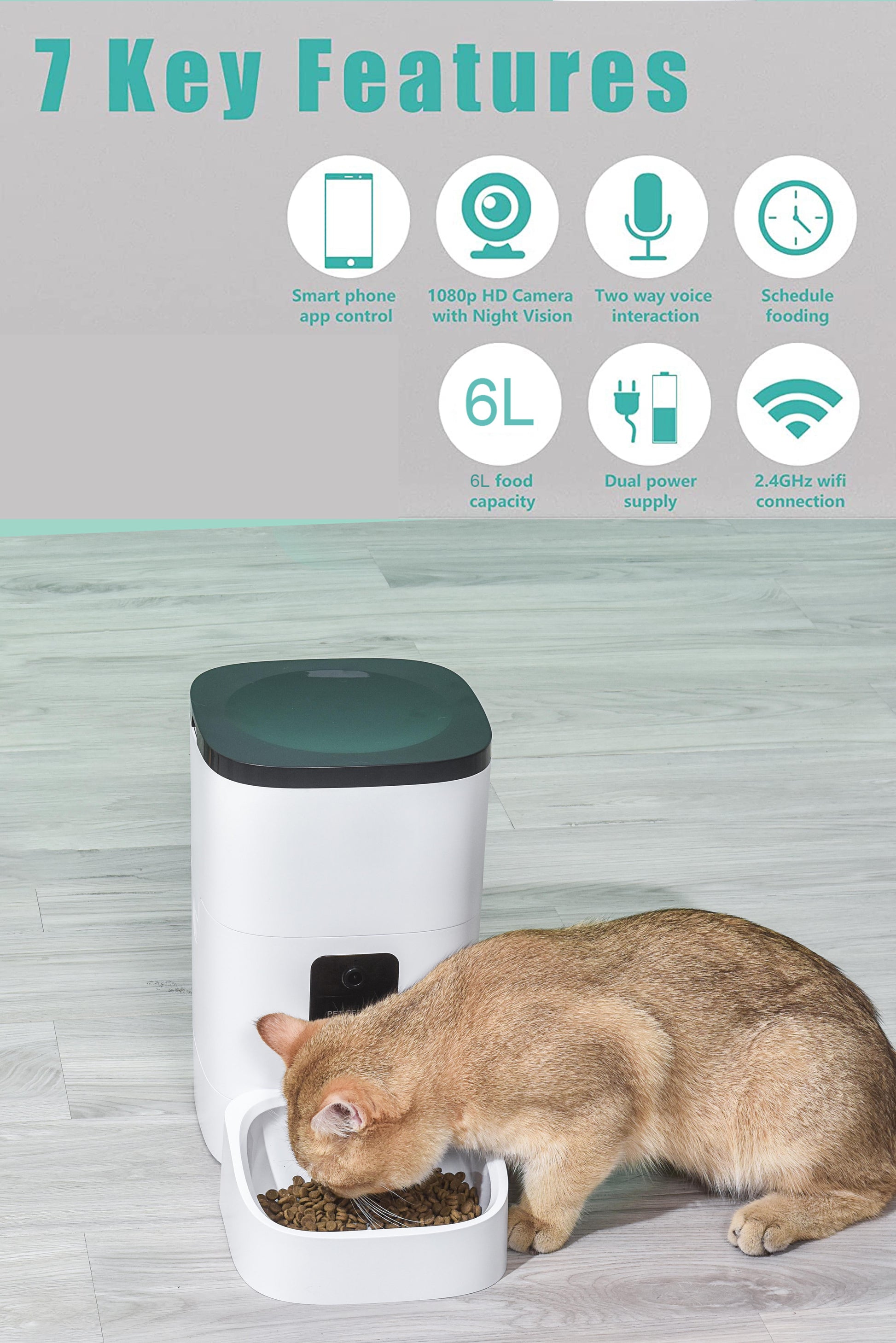 6L Automatic Pet Feeder for Cats and Dogs 1080P Camera Timed Feeder for Schedule Feeding 