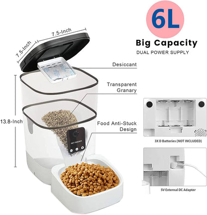 6L Automatic Pet Feeder for Cats and Dogs 1080P Camera Timed Feeder for Schedule Feeding 