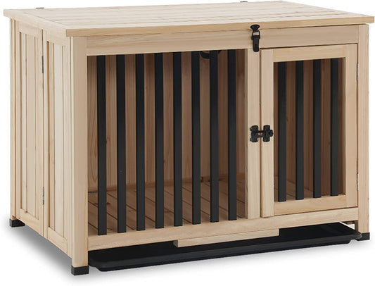 Wooden Dog Crate Furniture, Dog Kennel Pet House End Table, Solid Wood Portable Foldable Indoor Cage for Dogs, No Assembly Needed (Medium, Natural)