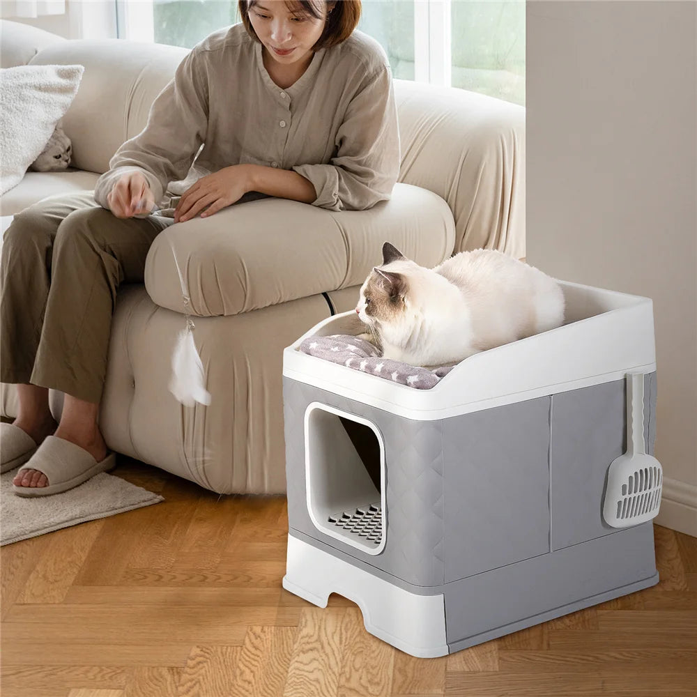 Foldable Cat Litter Box Large Pet Toilet+Cat Sand Shovel Easy Clean Leak-Proof Enclosed