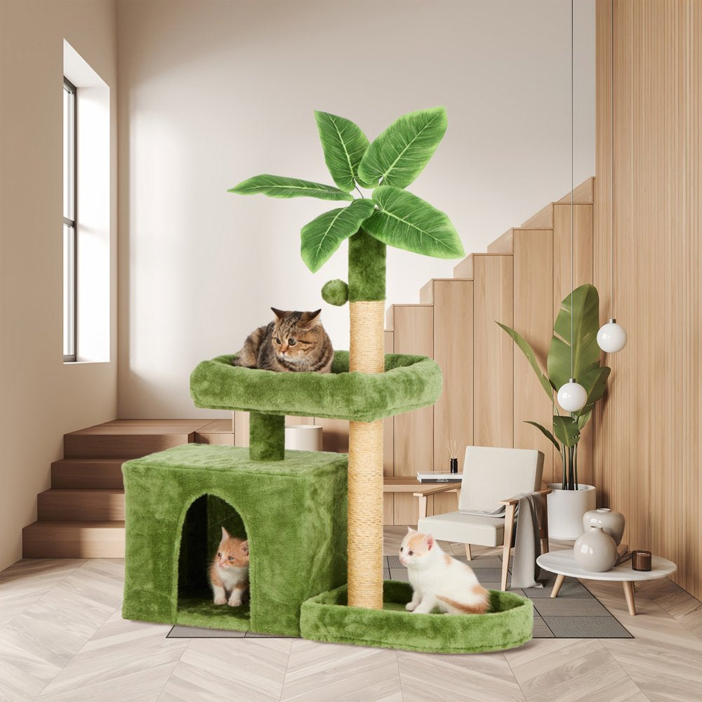 31.5" Cat Tree Cat Tower for Indoor Cats with Green Leaves, Cat Condo Cozy Plush Cat House with Hang Ball and Leaf Shape Design, Cat Furniture Pet House with Cat Scratching Posts, Green