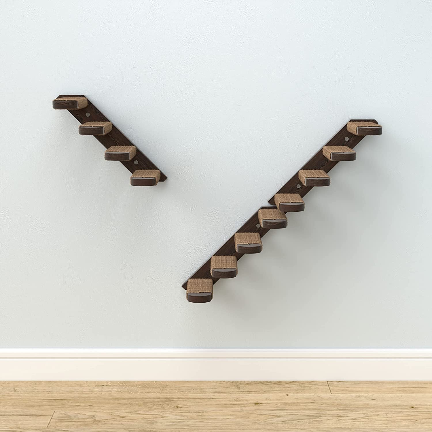 Cat Steps - Solid Rubber Wood Cat Stairs Great for Scratching and Climbing - Easy to Install Wall Mounted Cat Shelves for Playful Cats (Brown, Right to Left)