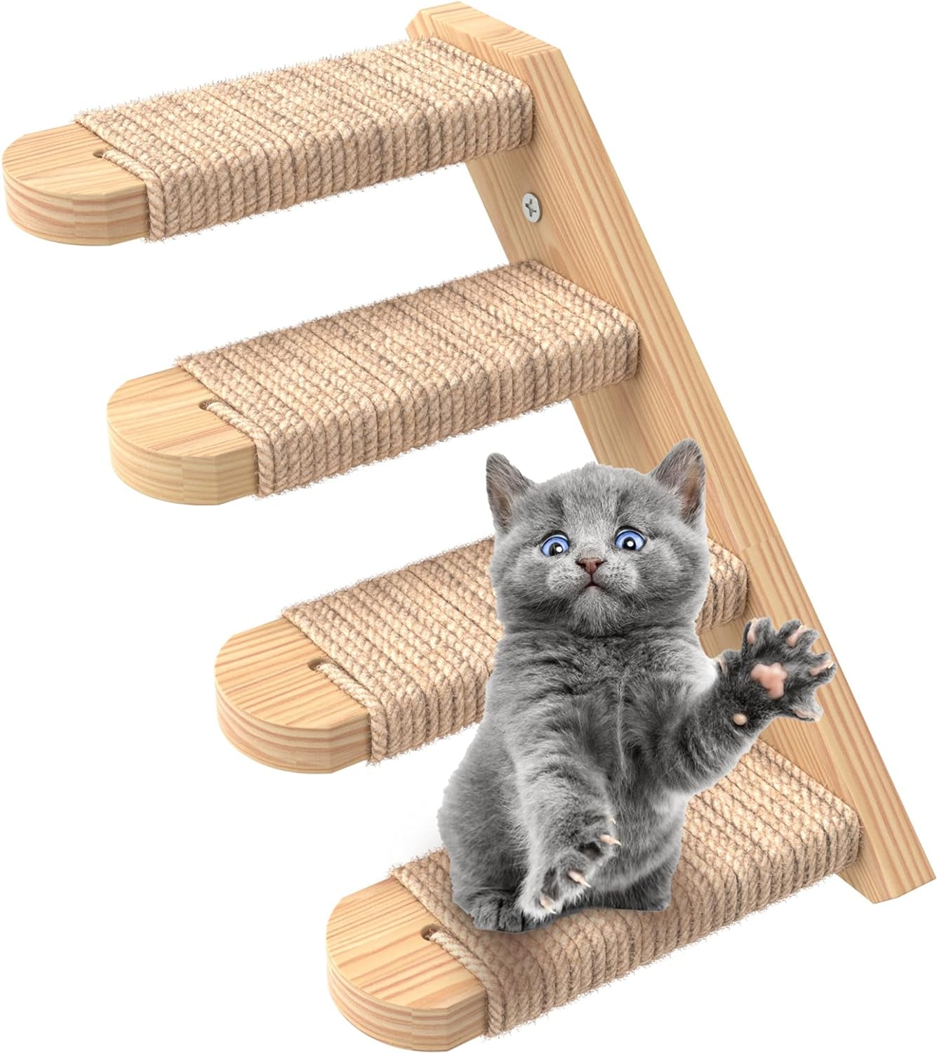 Cat Wall Steps - Solid Rubber Wood Cat Stairs Great for Scratching and Climbing - Easy to Install Wall Mounted Cat Shelves for Playful Cats (Wood, Right-Left)