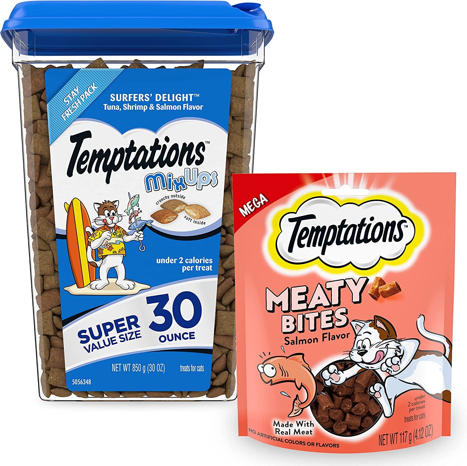 Bundle Pack | Mixups Crunchy and Soft Cat Treats, Surfer'S Delight Flavor, 30 Oz. Tub Meaty Bites, Soft and Savory Cat Treats, Salmon Flavor, 4.12 Oz. Pouch