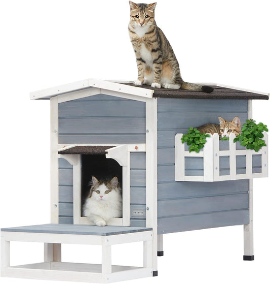 Outdoor Cat House for Multi-Cat Household, 3-4 Feral Cats Selter Size at 29.5" L X 19" W X 29", Waterproof and Weatherproof Features, Rabbit Hutch Grey