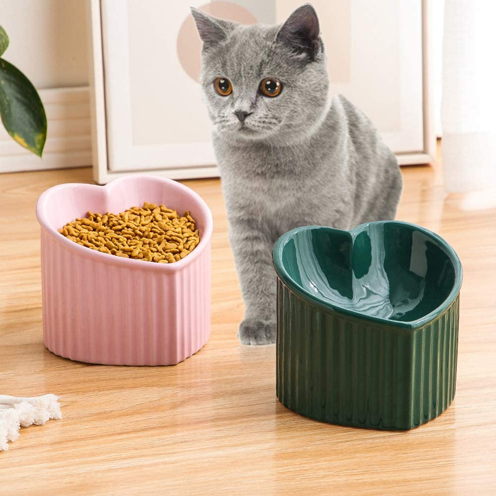 Dark Green Ceramic Raised Cat Bowls, Tilted Elevated Food or Water Bowls, Stress Free, Backflow Prevention, Dishwasher and Microwave Safe, Lead & Cadmium Free