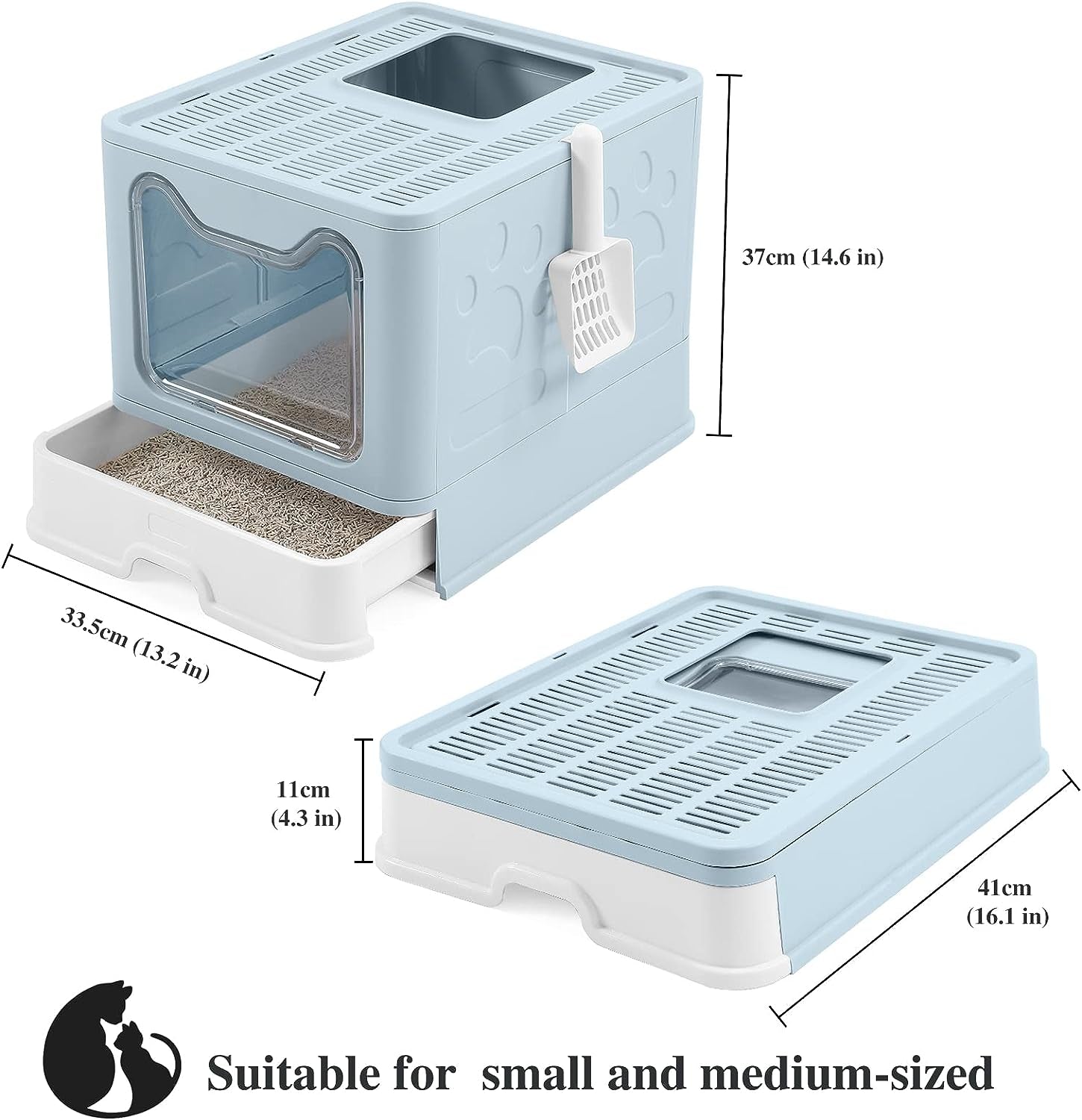 Foldable Cat Litter Box with Lid, Extra Large Litter Box with Cat Litter Scoop, Drawer Type Cat Litter Pan Easy to Scoop & Low Tracking (Blue, 20" L X 16" W X 15" H)