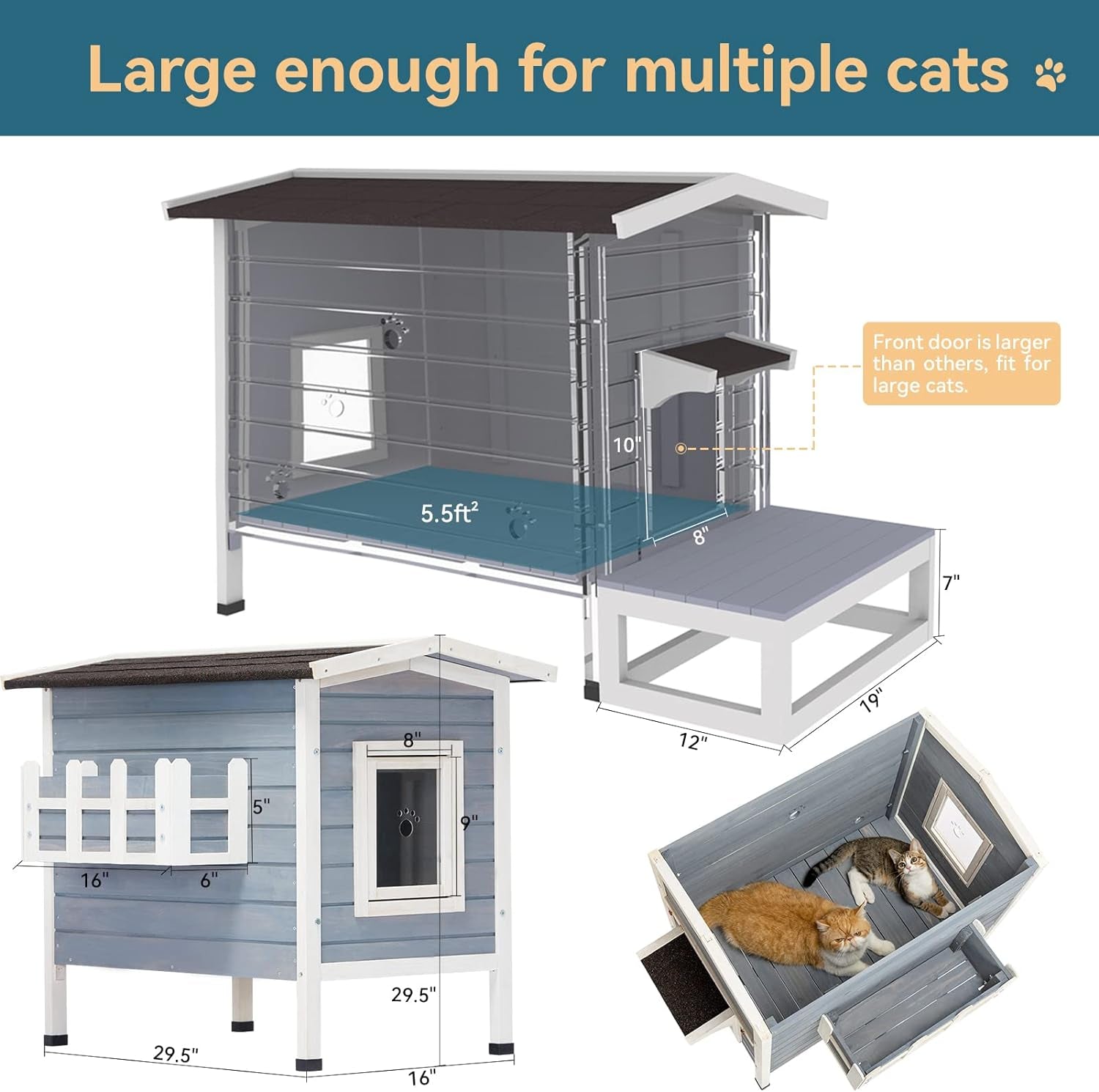 Outdoor Cat House for Multi-Cat Household, 3-4 Feral Cats Selter Size at 29.5" L X 19" W X 29", Waterproof and Weatherproof Features, Rabbit Hutch Grey