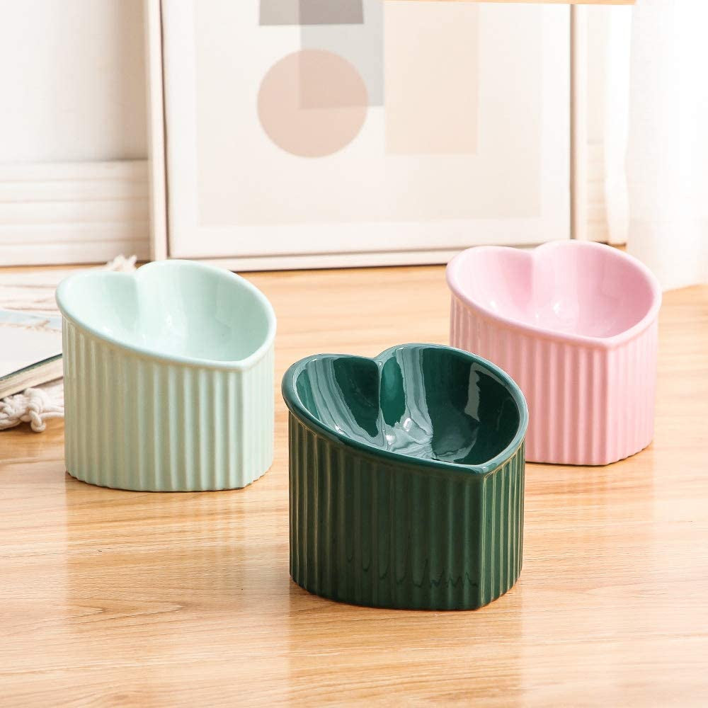 Dark Green Ceramic Raised Cat Bowls, Tilted Elevated Food or Water Bowls, Stress Free, Backflow Prevention, Dishwasher and Microwave Safe, Lead & Cadmium Free