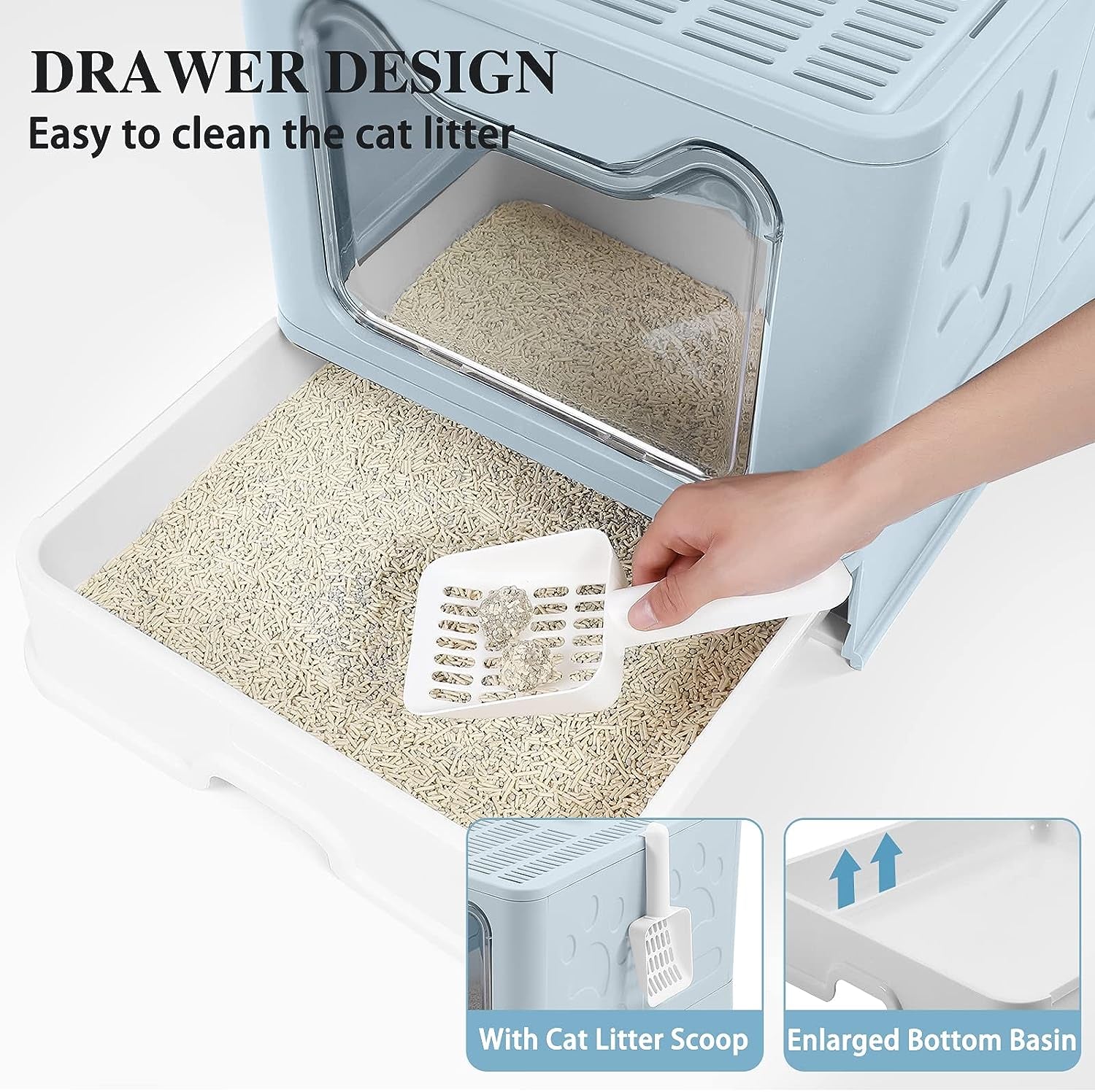 Foldable Cat Litter Box with Lid, Extra Large Litter Box with Cat Litter Scoop, Drawer Type Cat Litter Pan Easy to Scoop & Low Tracking (Blue, 20" L X 16" W X 15" H)