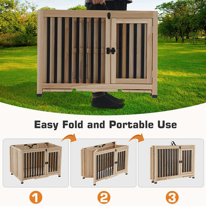 Wooden Dog Crate Furniture, Dog Kennel Pet House End Table, Solid Wood Portable Foldable Indoor Cage for Dogs, No Assembly Needed (Medium, Natural)