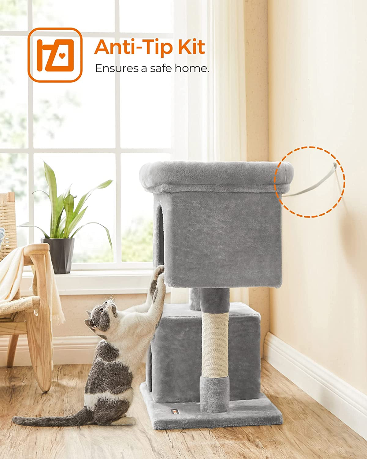 Cat Tree with Sisal-Covered Scratching Posts and 2 Plush Condos Cat Furniture for Kittens Light Gray UPCT61W