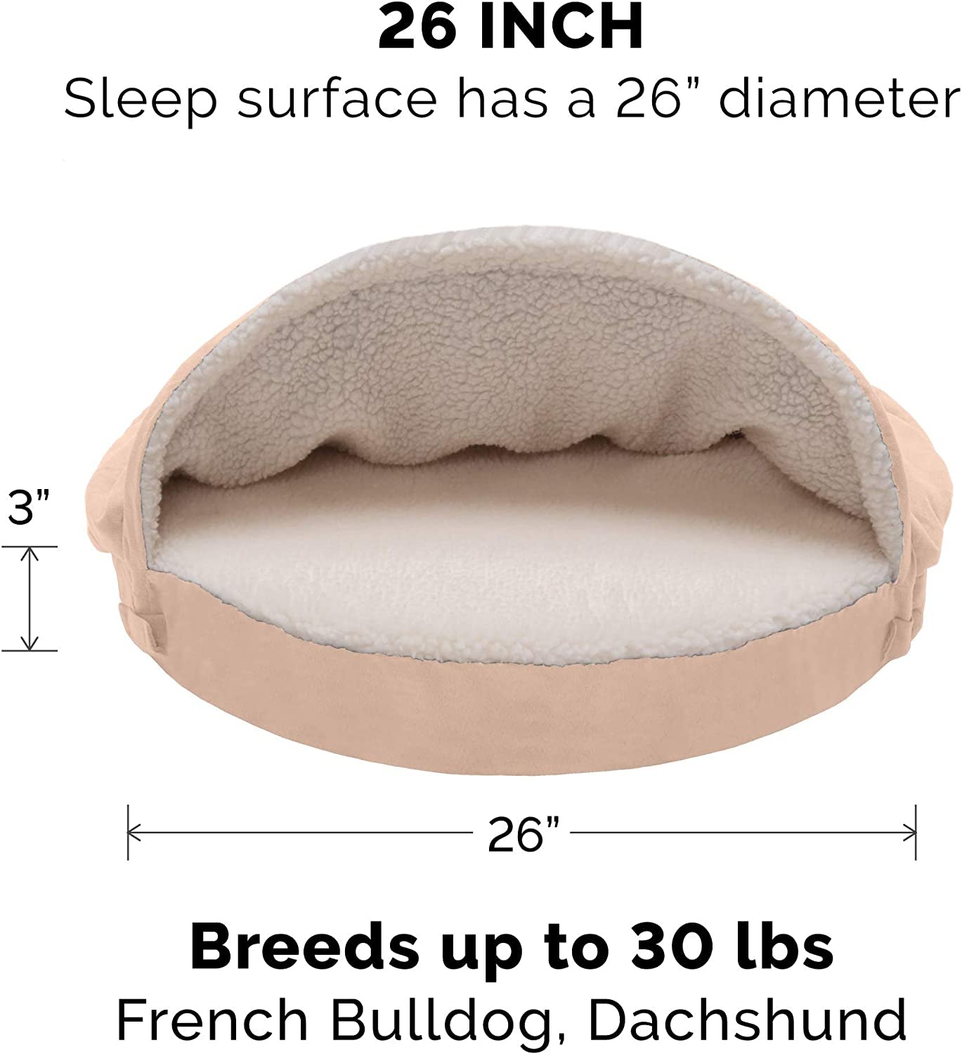 26" round Orthopedic Dog Bed for Medium/Small Dogs W/ Removable Washable Cover, for Dogs up to 30 Lbs - Sherpa & Suede Snuggery - Cream, 26-Inch