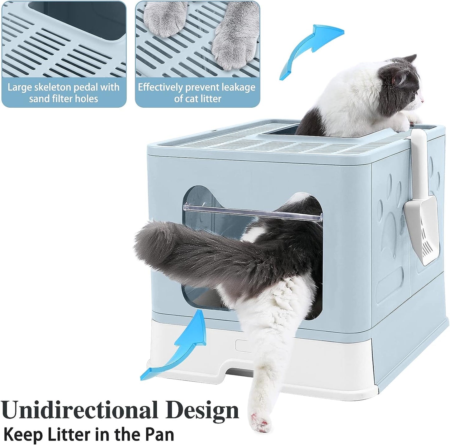 Foldable Cat Litter Box with Lid, Extra Large Litter Box with Cat Litter Scoop, Drawer Type Cat Litter Pan Easy to Scoop & Low Tracking (Blue, 20" L X 16" W X 15" H)