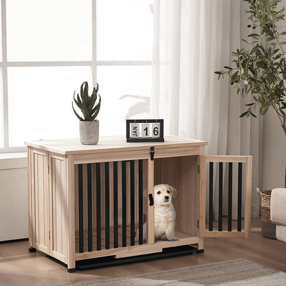 Wooden Dog Crate Furniture, Dog Kennel Pet House End Table, Solid Wood Portable Foldable Indoor Cage for Dogs, No Assembly Needed (Medium, Natural)