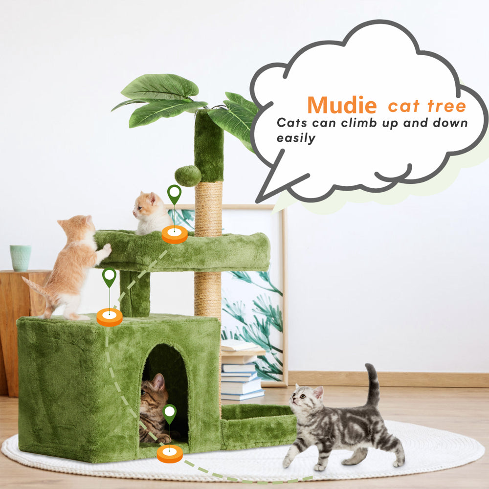 31.5" Cat Tree Cat Tower for Indoor Cats with Green Leaves, Cat Condo Cozy Plush Cat House with Hang Ball and Leaf Shape Design, Cat Furniture Pet House with Cat Scratching Posts, Green