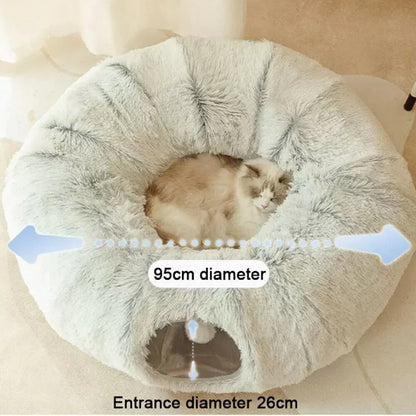 Large Cat Tunnel Bed with Fluffy Cave Tube, Removable Cushion ( for Cats, Dogs, Rabbits, and Ferrets)