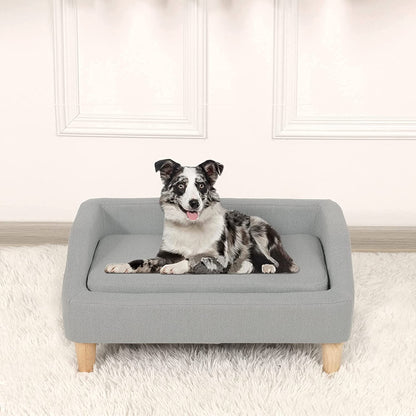 Pet Sofa Bed, Linen Fabric Couch with Washable Cushion & Wooden Legs for Small Dog Cat (Gray)