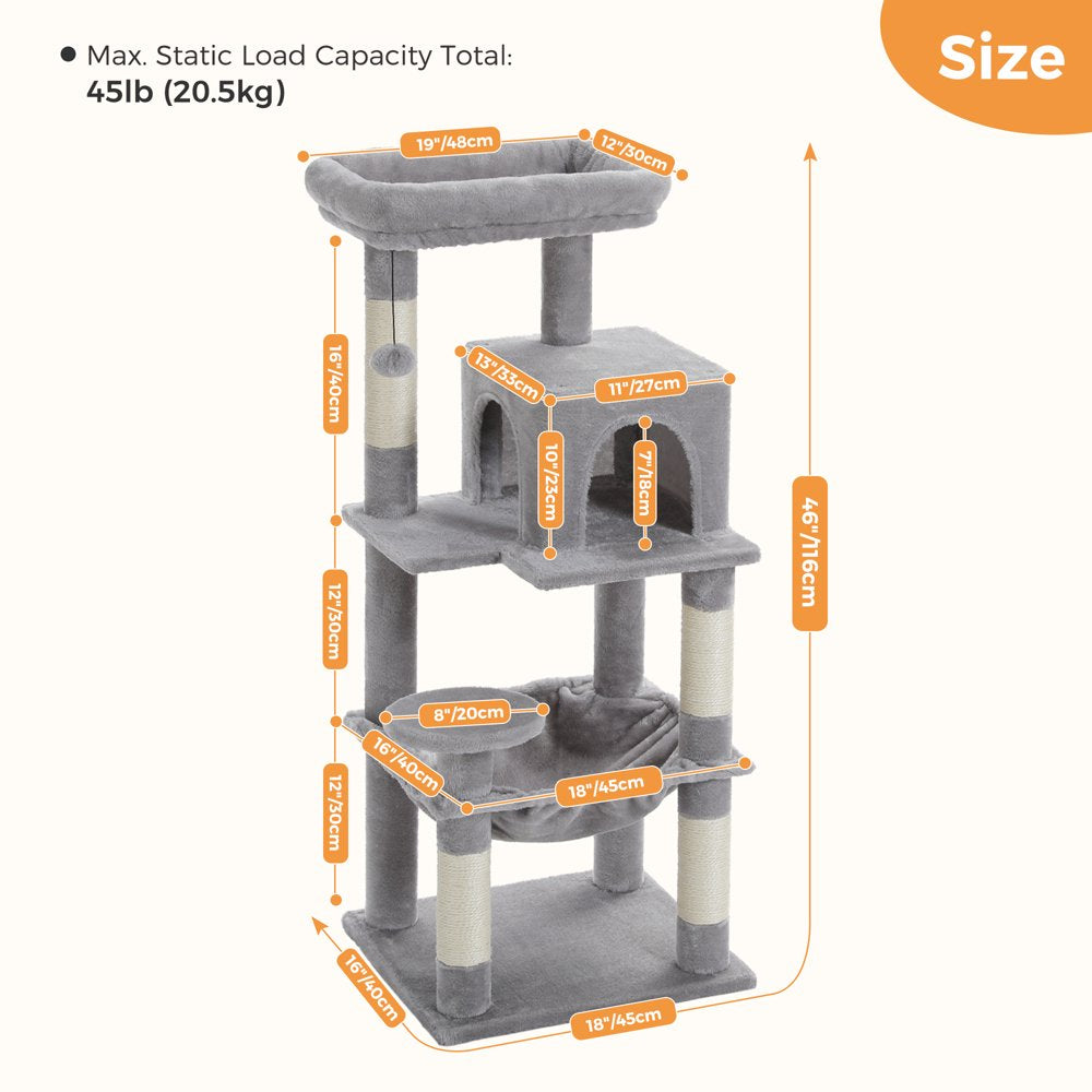 Cat Tree 46” for Indoor Small Cats Multi-Level Cat Tower with Scratching Posts, Perch and Hammock, Gray