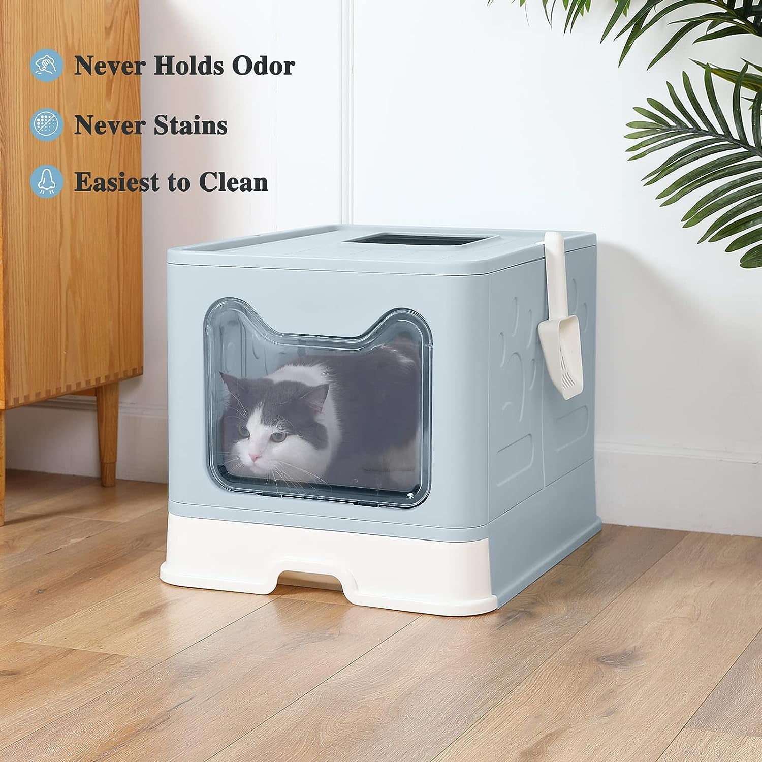 Foldable Cat Litter Box with Lid, Extra Large Litter Box with Cat Litter Scoop, Drawer Type Cat Litter Pan Easy to Scoop & Low Tracking (Blue, 20" L X 16" W X 15" H)