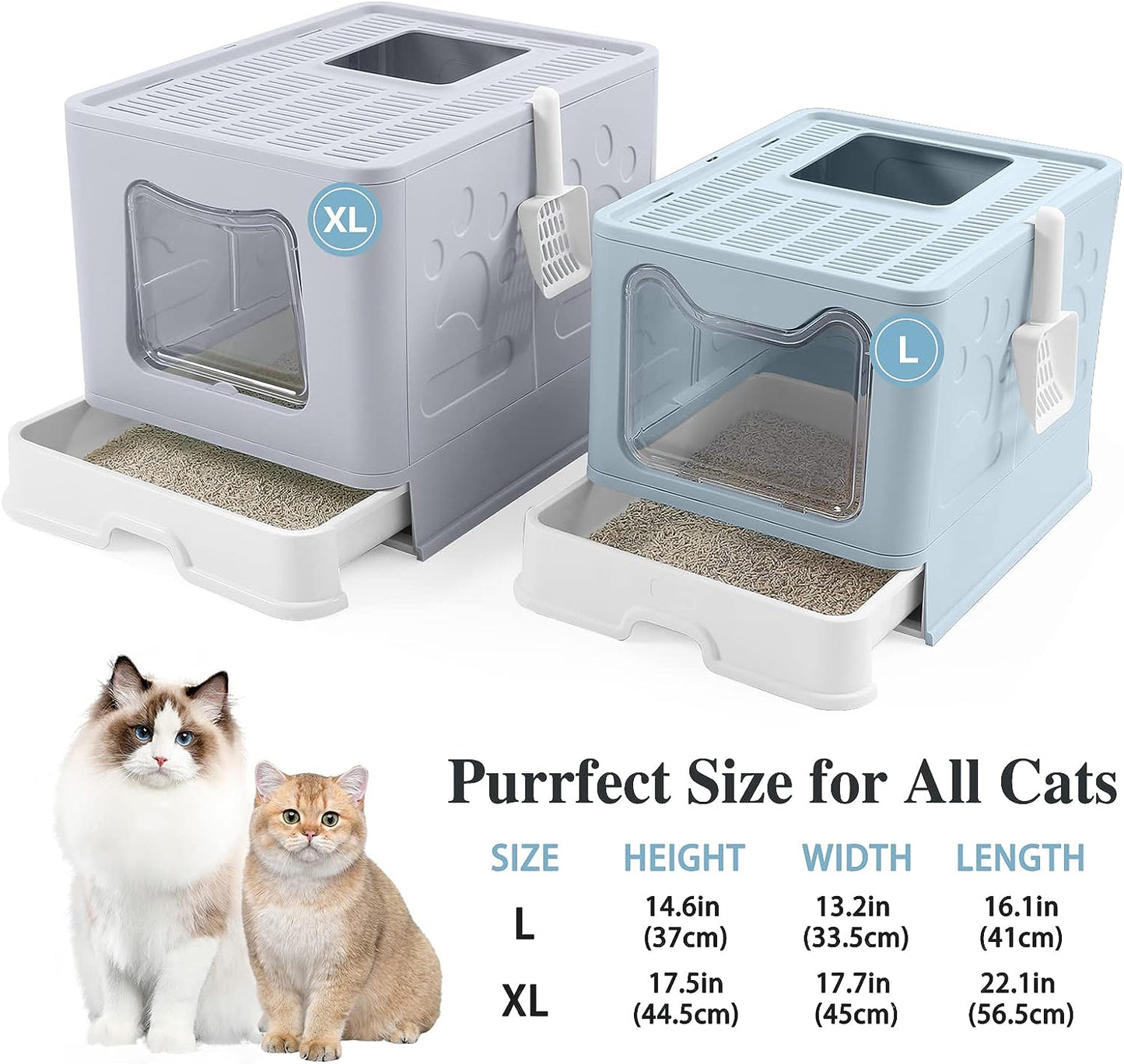 Foldable Cat Litter Box with Lid, Extra Large Litter Box with Cat Litter Scoop, Drawer Type Cat Litter Pan Easy to Scoop & Low Tracking (Blue, 20" L X 16" W X 15" H)