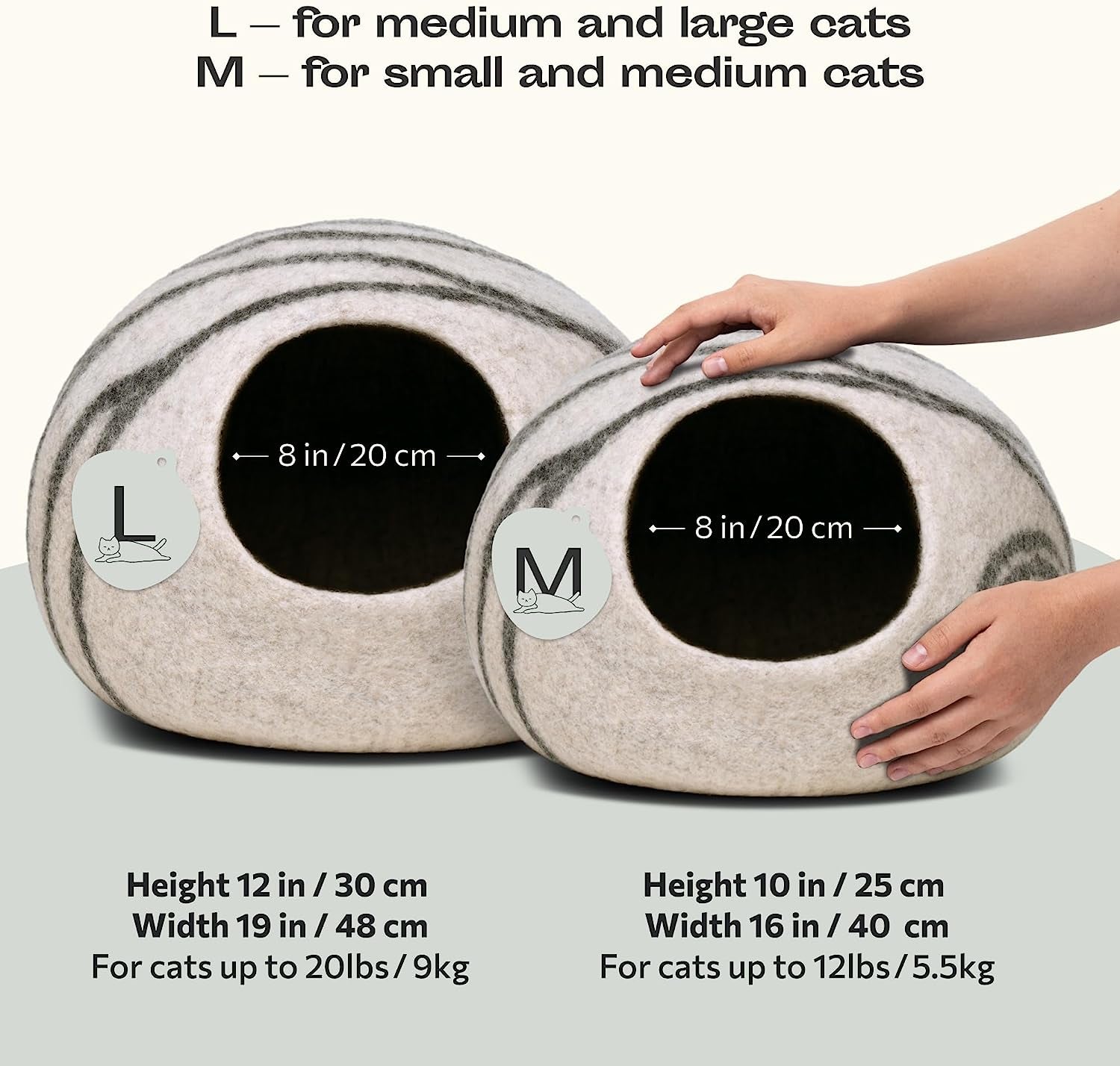 Premium Felt Cat Bed Cave - Handmade 100% Merino Wool Bed for Cats and Kittens (Light Shades) (Large, Light Grey)