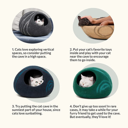 Premium Felt Cat Bed Cave - Handmade 100% Merino Wool Bed for Cats and Kittens (Light Shades) (Large, Light Grey)