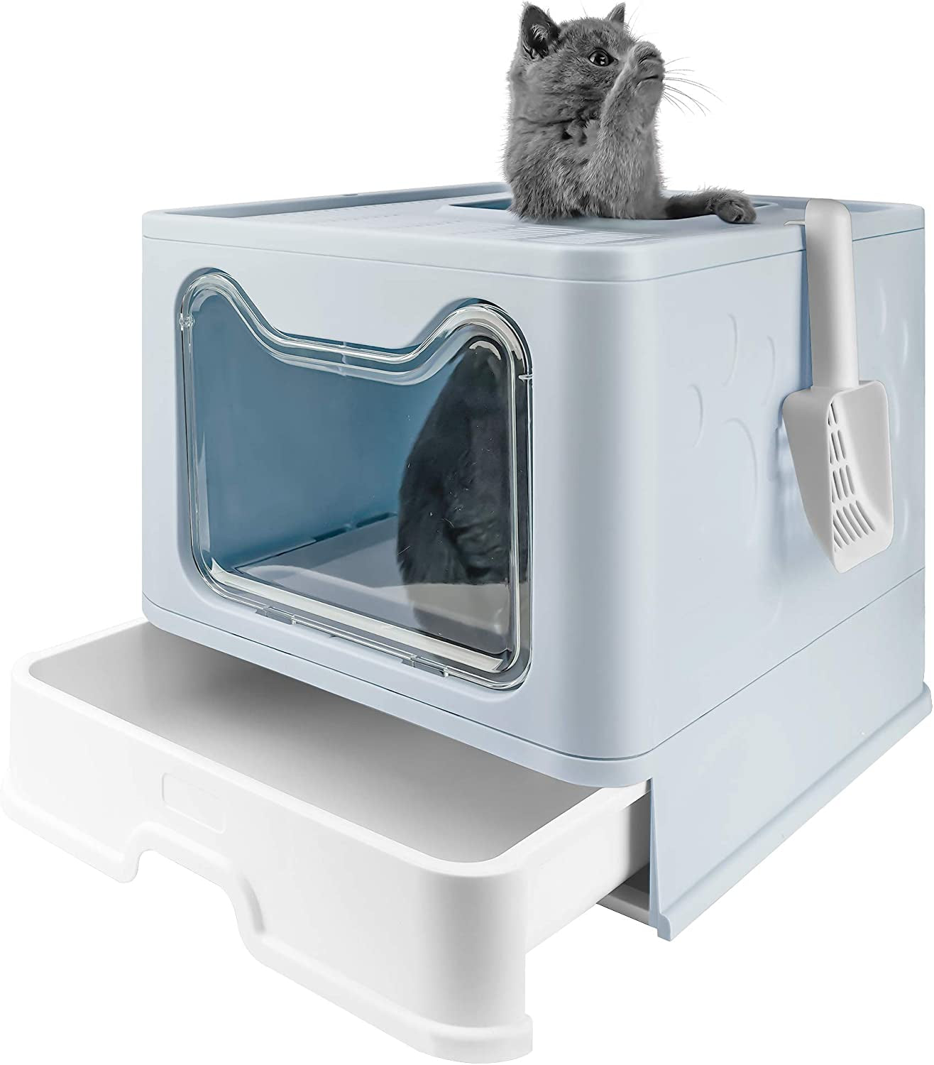 Foldable Cat Litter Box with Lid, Extra Large Litter Box with Cat Litter Scoop, Drawer Type Cat Litter Pan Easy to Scoop & Low Tracking (Blue, 20" L X 16" W X 15" H)