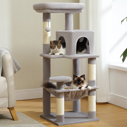 Cat Tree 46” for Indoor Small Cats Multi-Level Cat Tower with Scratching Posts, Perch and Hammock, Gray