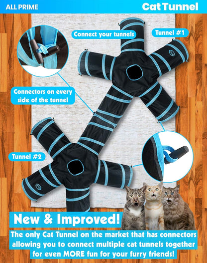 Cat Tunnel - Toys for Cats - Cat Tunnels for Indoor Cats - Cat Tube - Collapsible 5 Way Pet Tunnel - Great Toy for Cats (Blue 5 Way)