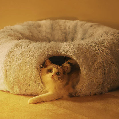 Large Cat Tunnel Bed with Fluffy Cave Tube, Removable Cushion ( for Cats, Dogs, Rabbits, and Ferrets)