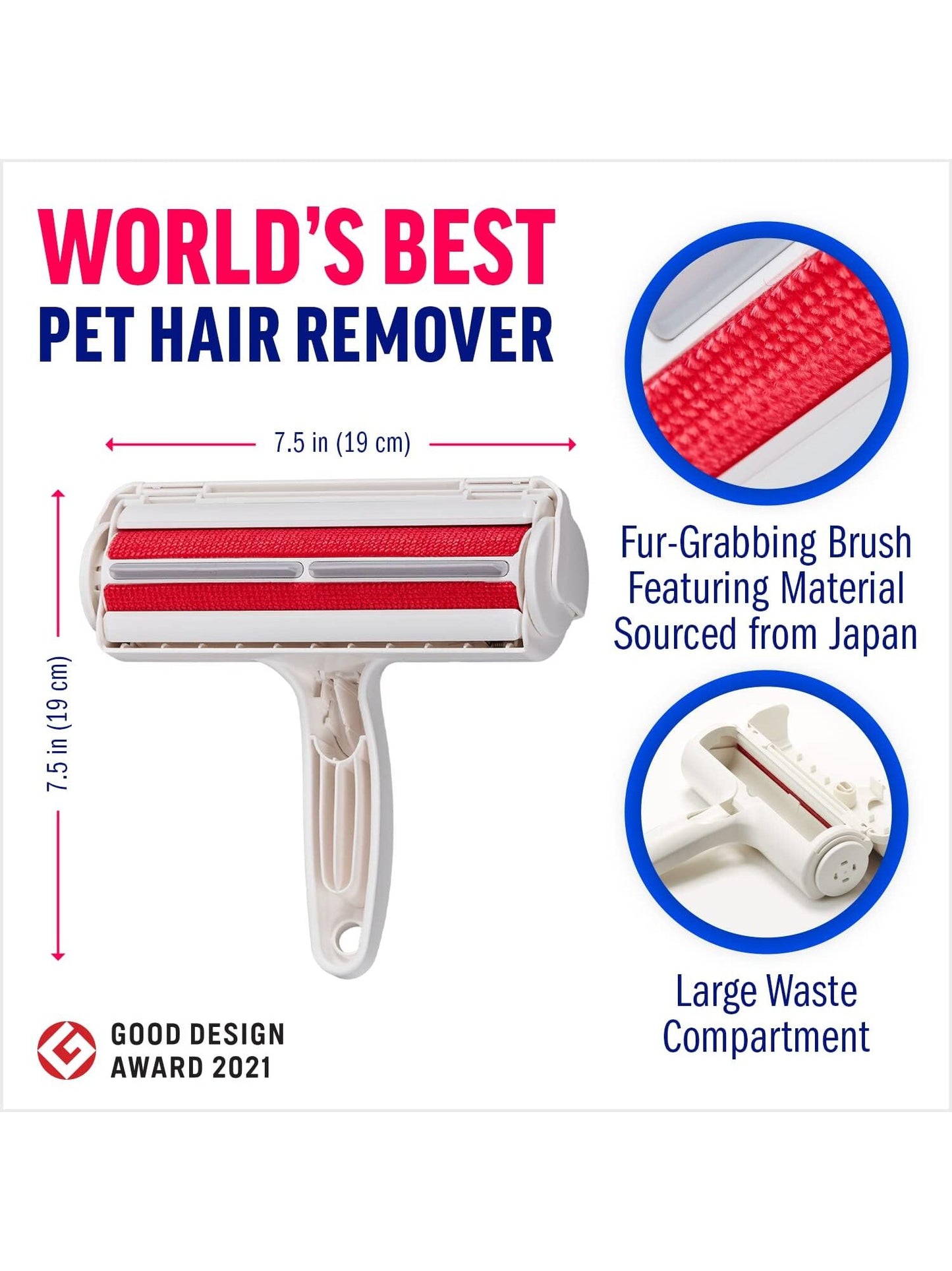 Pet Lint Roller Brush, Red, Roller Type for Hair Removal and Cleaning Clothes, Washable and Reusable