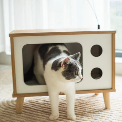 Purr-View Retro TV Cat Condo with Jute Scratching Pad & Washable Mat Pet Furniture