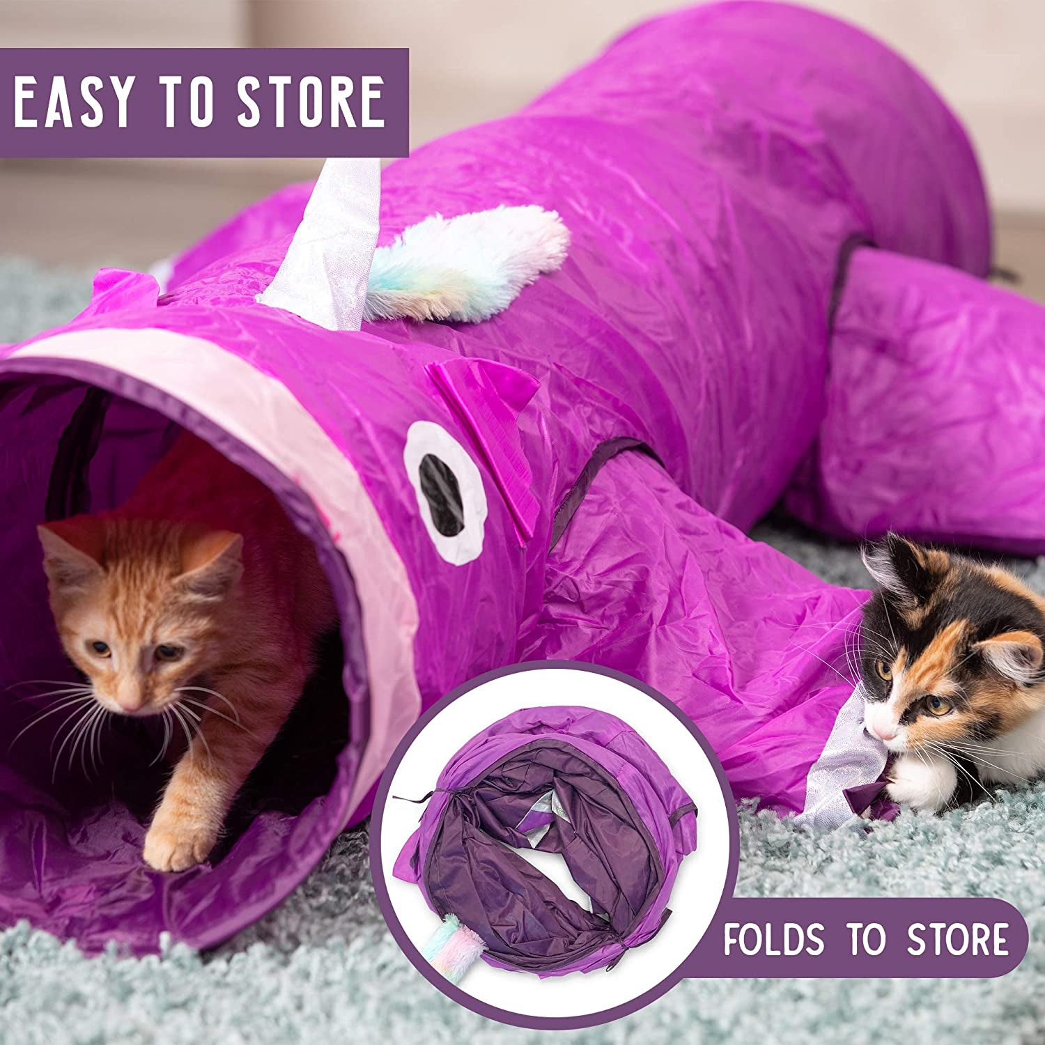 Magic Mewnicorn Multi Cat Tunnel Boredom Relief Toys with Crinkle Feather String for Cats Kittens for Hiding Hunting and Resting