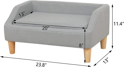 Pet Sofa Bed, Linen Fabric Couch with Washable Cushion & Wooden Legs for Small Dog Cat (Gray)