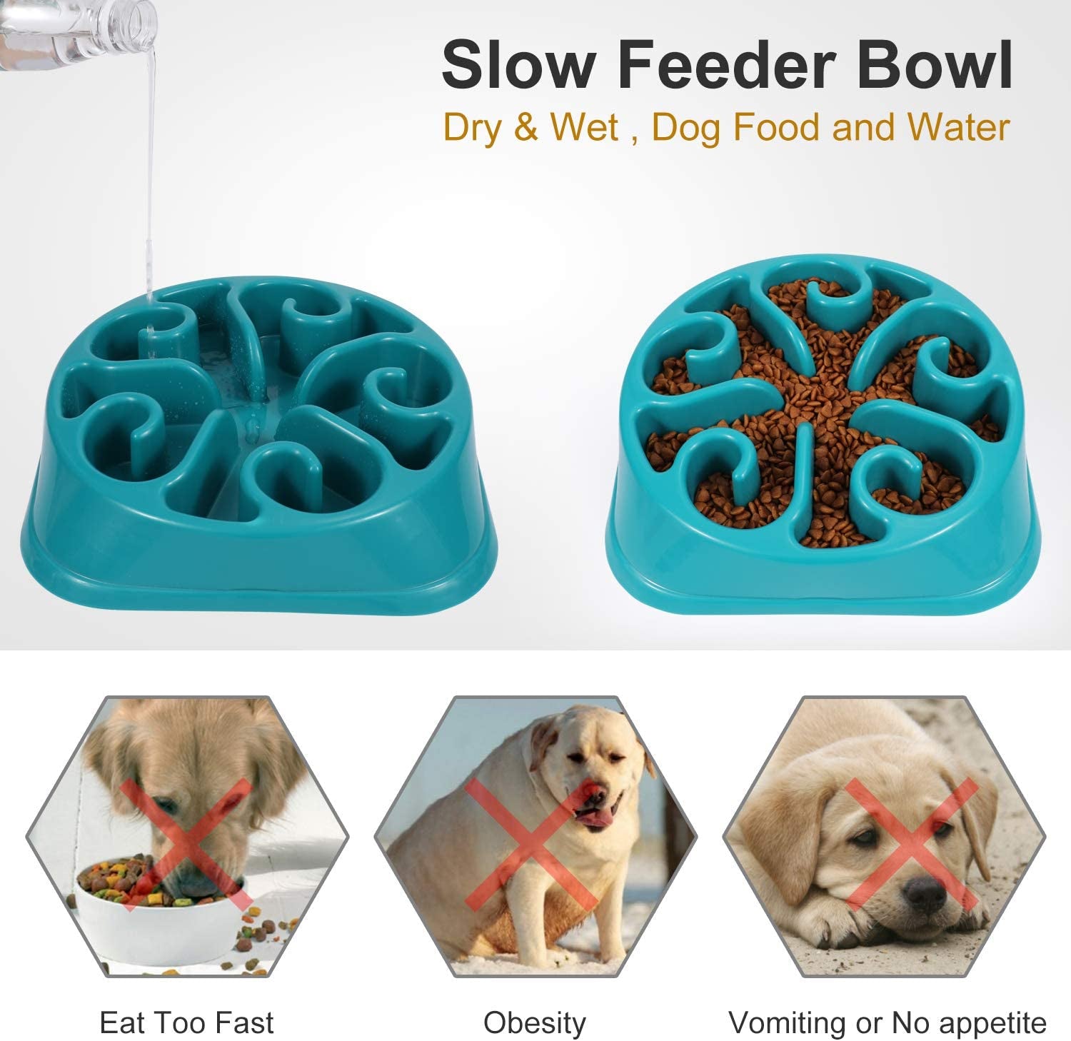 Large Dogs Bowl,Fun Slow Feeder Dog Bowl,Anti-Gulping Dog Slow Feeder Stop Bloat,Eco-Friendly Durable Big Pet Bowl(B-Blue)