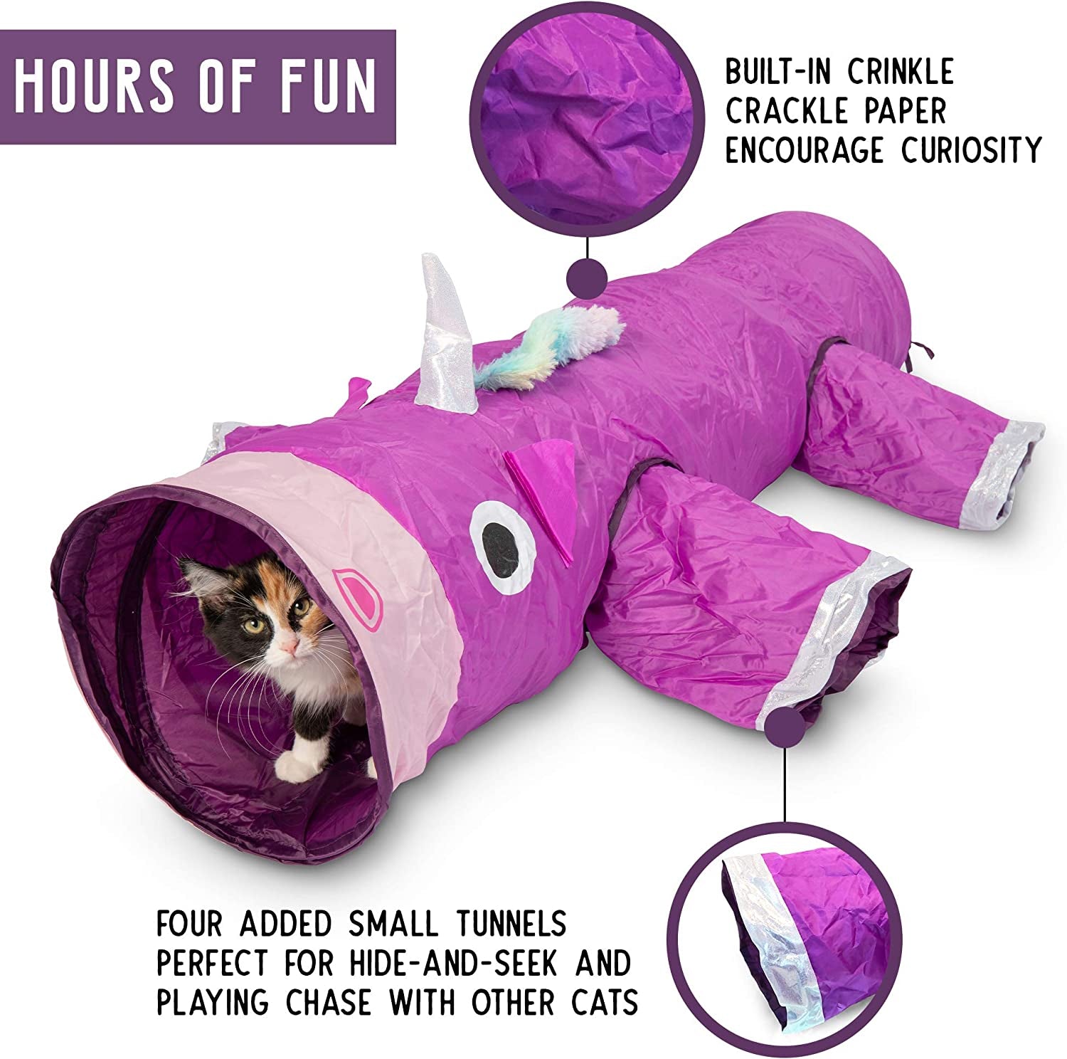 Magic Mewnicorn Multi Cat Tunnel Boredom Relief Toys with Crinkle Feather String for Cats Kittens for Hiding Hunting and Resting