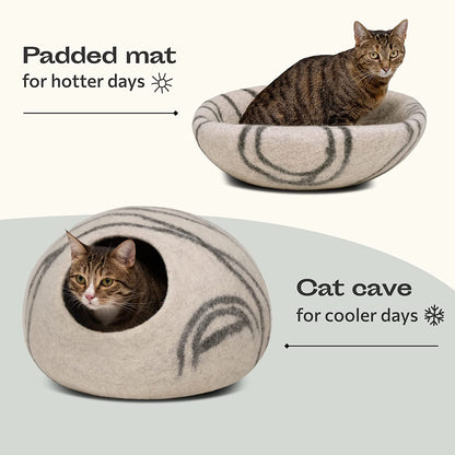 Premium Felt Cat Bed Cave - Handmade 100% Merino Wool Bed for Cats and Kittens (Light Shades) (Large, Light Grey)