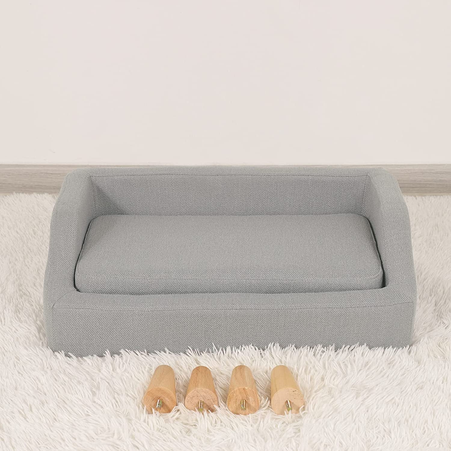 Pet Sofa Bed, Linen Fabric Couch with Washable Cushion & Wooden Legs for Small Dog Cat (Gray)